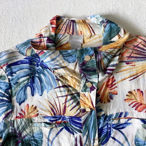 Chico’s Tropical Palm Print Linen Utility Top Womans 1P Medium 8P Tan 3/4 Sleeve - Picture 9 of 15